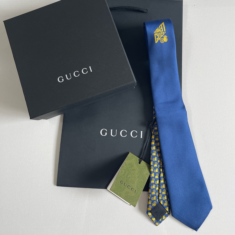 Authentic NewGucci 'Lemon Gucci' Jacquard Silk Tie - Picture 11 of 13